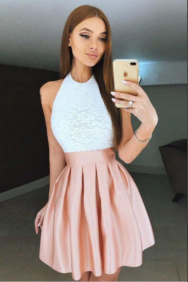 Pink Pleated Lace Bodice High Neck Backless Short Homecoming Dresses KPH0622