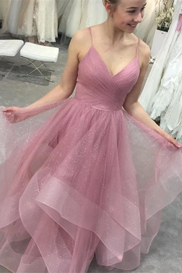 Glitter Straps Ruffled Pink Long Prom Dresses Backless Formal Gown KPP1497