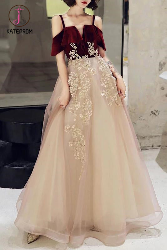 A Line Straps Tulle Prom Dress with Appliques, Floor Length Short Sleeves Party Dresses KPP1143