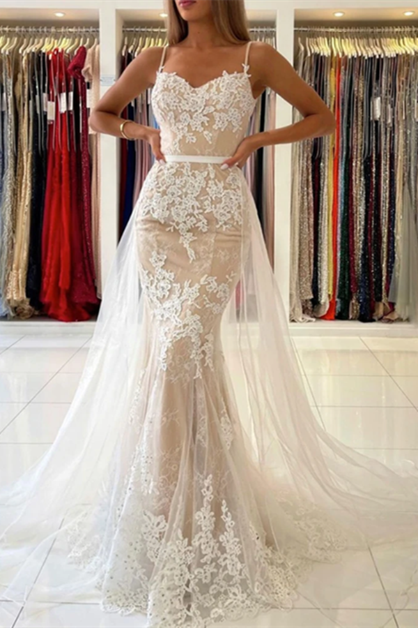 Elegant V Neck Mermaid Open Back Champagne Lace long Prom Dresses, Champagne Lace Formal Graduation Evening Dresses