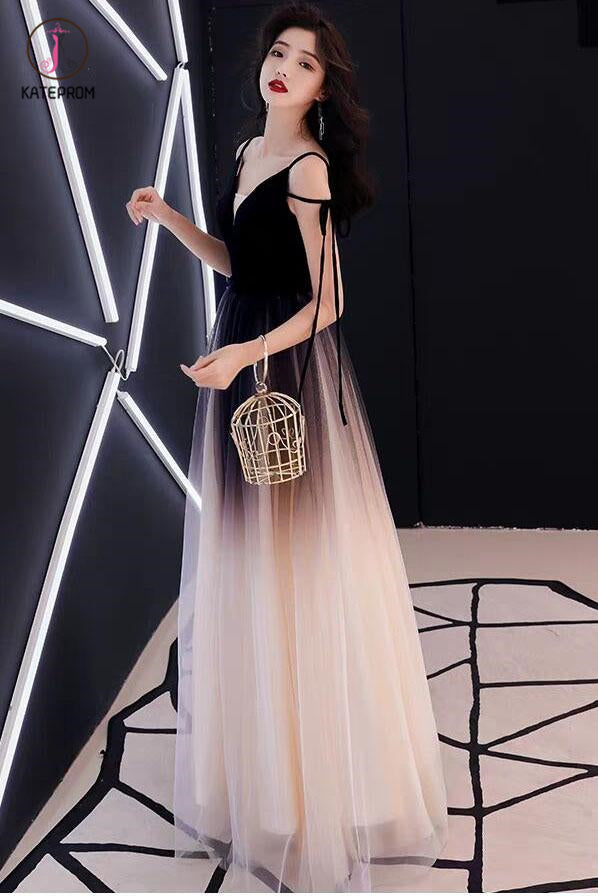 Black Ombre Long Tulle Prom Dress, Unique V Neck Sleeveless Party Dresses, Dance Dress KPP0829