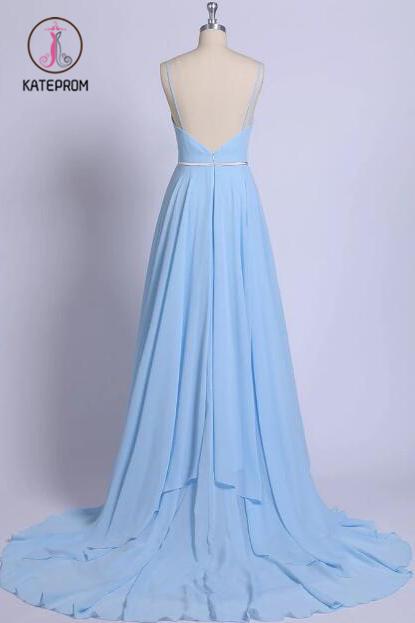 Sky Blue V Neck Prom Dresses, Sexy Backless Spaghetti Straps Pleated Long Formal Dress KPP0959