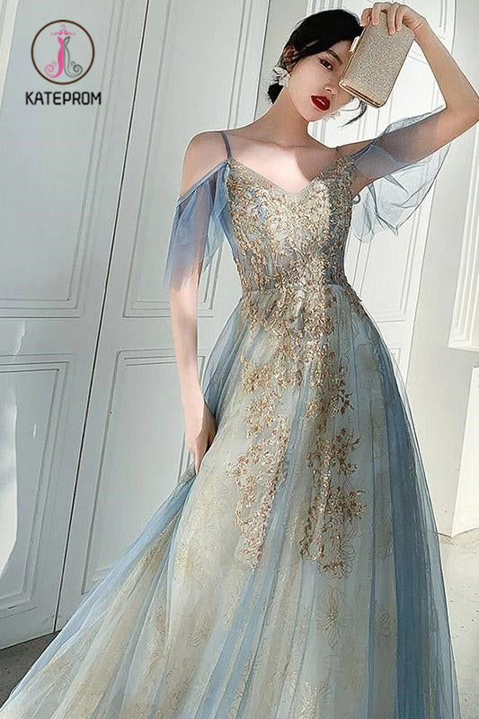 Unique V Neck Long Tulle Party Dress with Lace, Sexy Sleeveless Long Prom Gown KPP1005