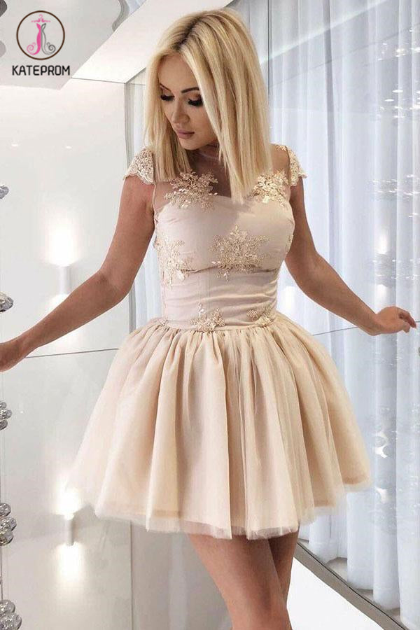 A-Line Sheer Neck Cap Sleeves Open Back Short Homecoming Dress with Appliques KPH0392