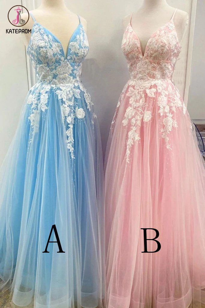 New Spaghetti Strap Floor Length A Line Tulle Prom Dress with Lace Appliques, Formal Dress KPP1302