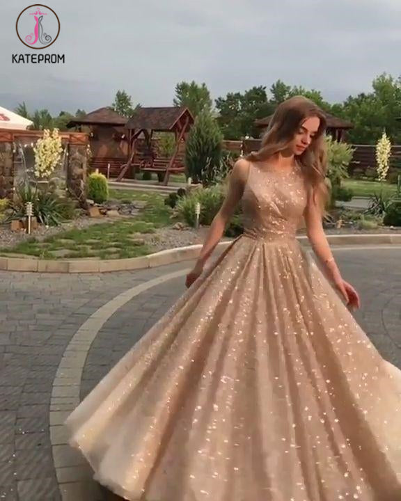 A-Line Open Back Gold Sequins Champagne Prom Dresses 2020 Fashion Evening Dresses KPP1126