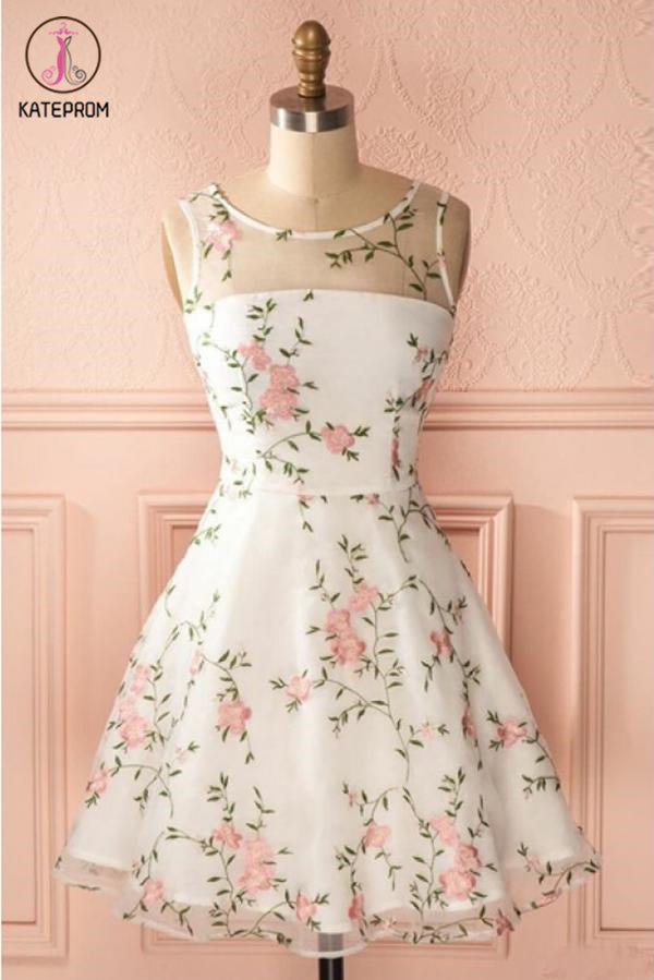 Ivory Round Neck Sleeveless Homecoming Dress with Lace, Short Lace Prom Dress KPH0410
