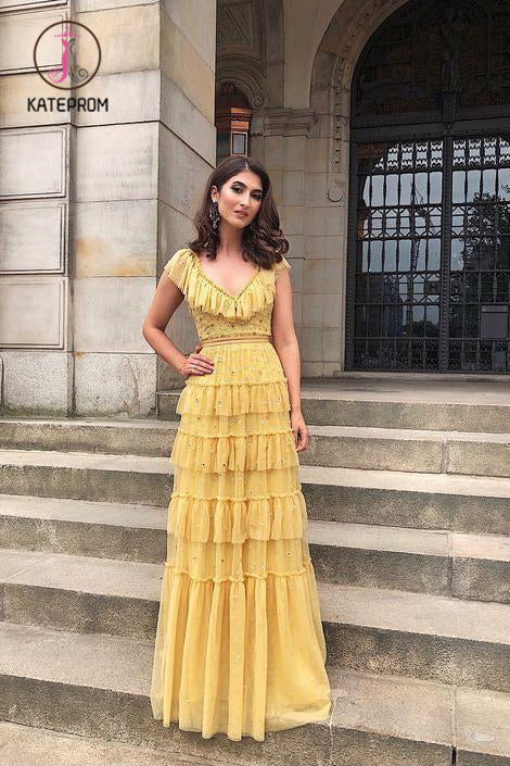Retro Yellow V Neck Long Dress with Ruffles, Unique Floor Length Tulle Prom Dress KPP1047