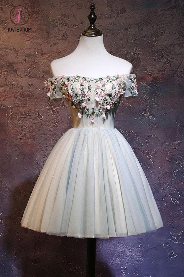 Cute Off the Shoulder Tulle Homecoming Dress, Light Green Short Prom Dress with Flowers KPH0333