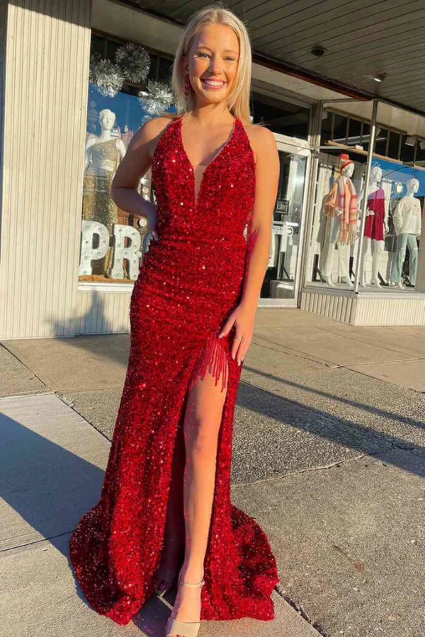 Open Back V Neck Mermaid Burgundy Sequins Long Prom Dress, Mermaid Burgundy Formal Evening Dress KPP1709