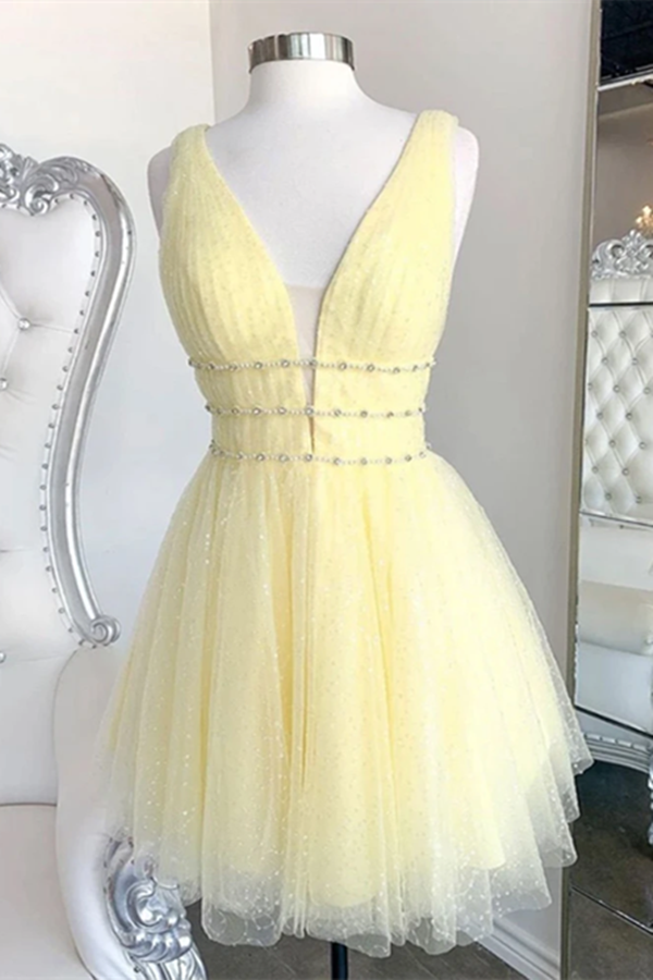 Cute yellow v neck tulle beads short prom dress yellow homecoming dress KPP1442