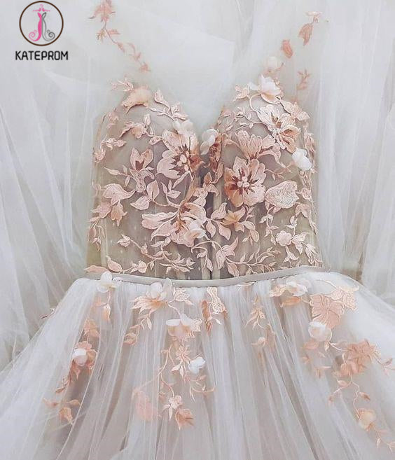 Elegant Appliques Ivory Tulle Floor Length Prom Dress, V neck Long Evening Party Gowns KPP1104