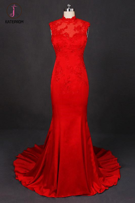 Red Sleeveless High Neck Sleeveless Satin Evening Dress Appliques Prom Dresses KPP1086