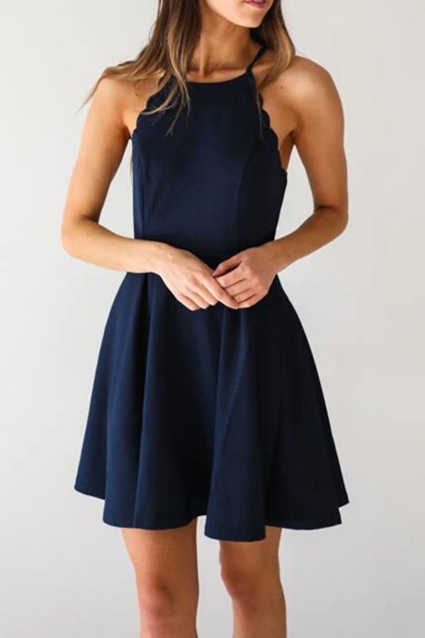 A Line Dark Navy Cute Halter High Neck Satin Short Homecoming Dress KPH0595