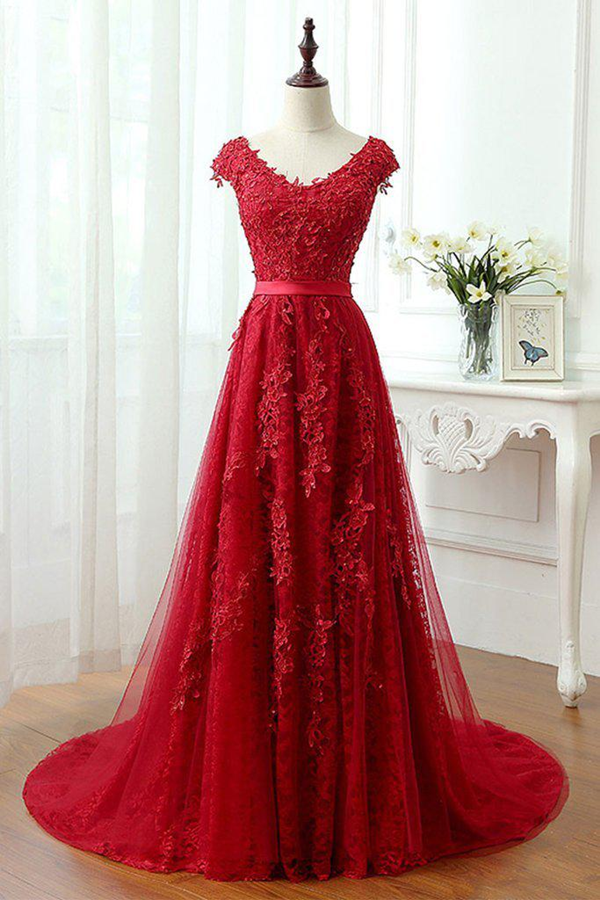 Septing - septing A Line Red V Neck Long Lace Prom Dresses with Cap Sleeves KPP1454