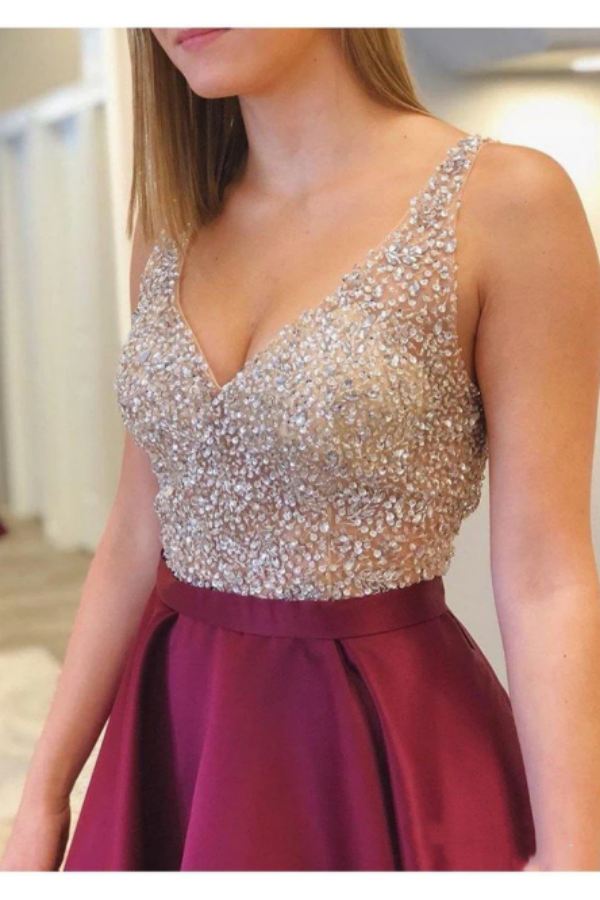 Burgundy See Through Beaded Homecoming Dresses with Pockets KPH0641
