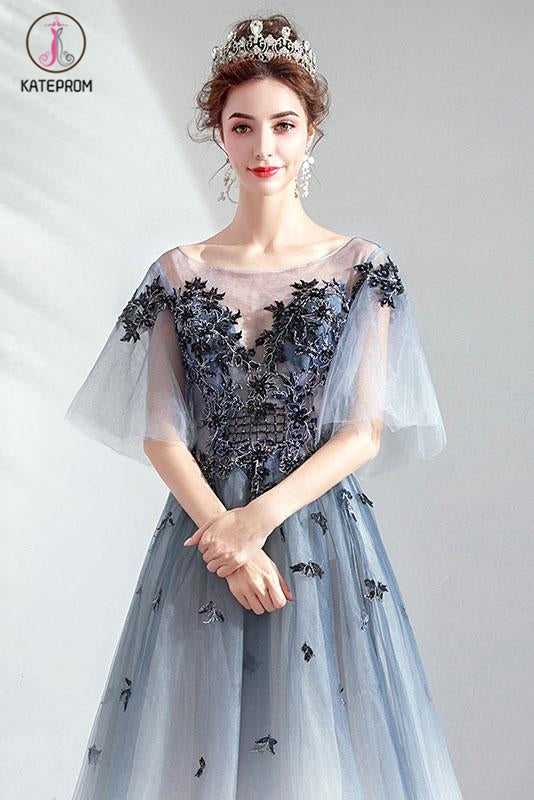 Floor Length Half Sleeves Tulle Long Ombre Prom Dress with Appliques KPP1072