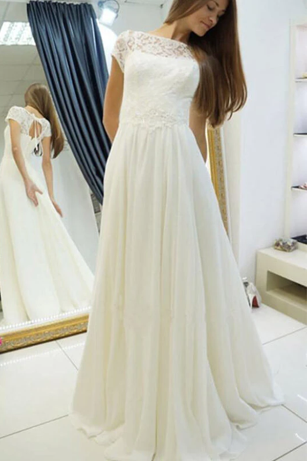 Simple A Line Long Chiffon Wedding Dresses with Lace KPW0677