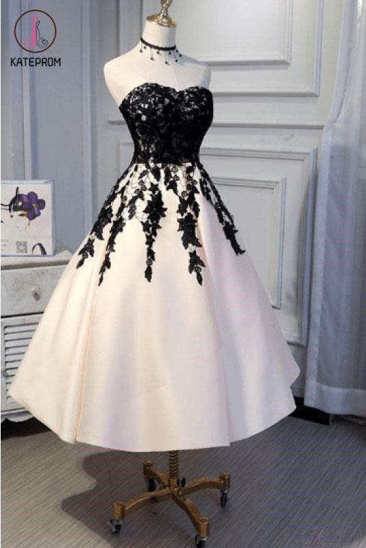 Ankle Length Strapless Prom Dress with Black Lace, A Line Princess Homecoming Dress KPH0432