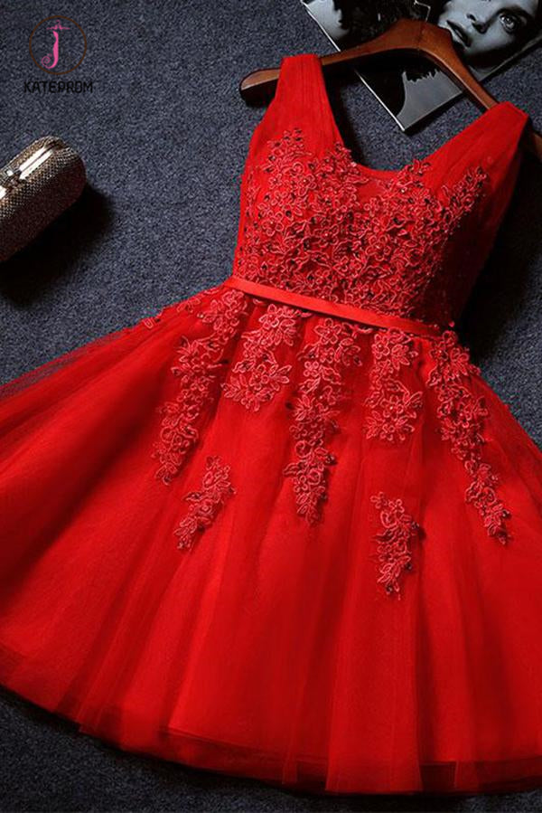 Red Cute V Neck Sleeveless Appliques Tulle Homecoming Gown, A Line Short Prom Dress KPH0334