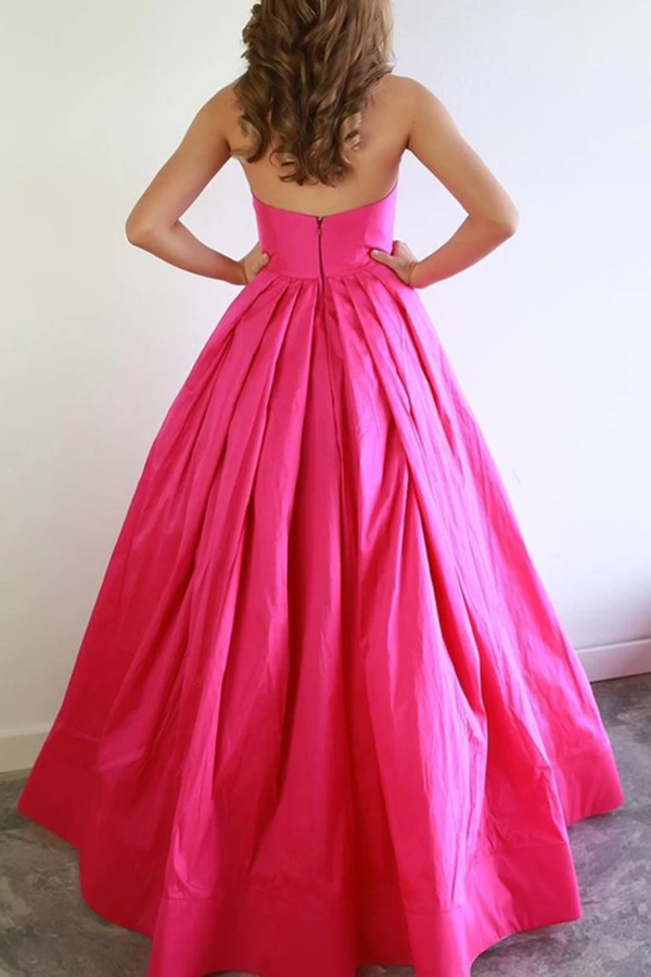 A Line Strapless Hot Pink Satin Long Prom Dresses With Bowknot, Formal Evening Dresses KPP1403