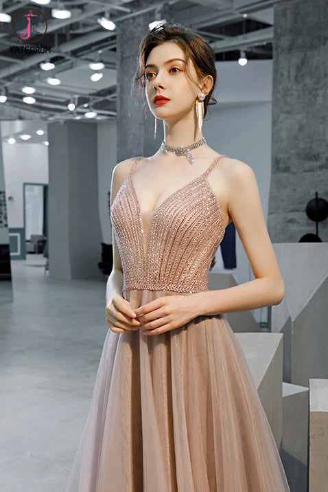 A Line Straps Sleeveless Prom Dress with Beading and Sequins, Long Evening Dress KPP1292