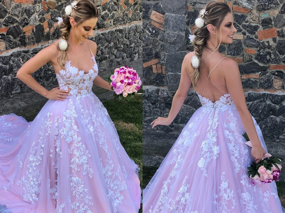 Spaghetti Staps Sweep Train Lace Wedding Dress KPW0695