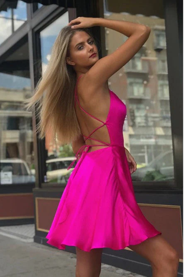 Fancy Spaghetti Straps Fuchsia Above Knee Split Homecoming Dresses KPH0613