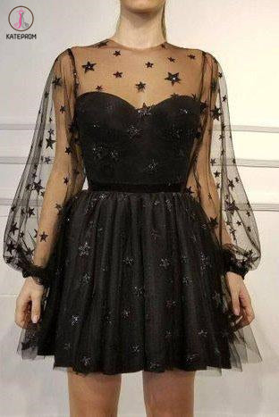 Sparkly Long Sleeve Short Party Dress, Unique Sheer Neck Mini Homecoming Dress KPH0455