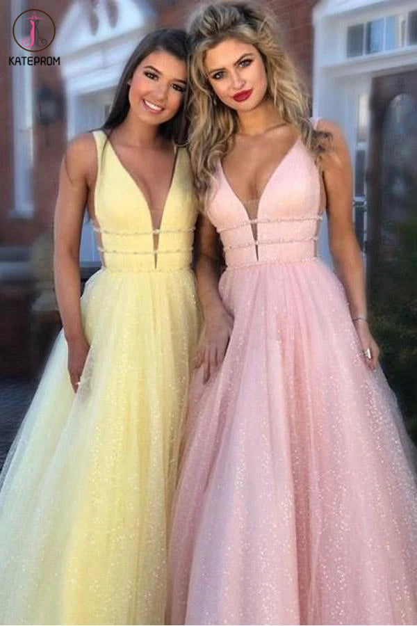 A-Line Deep V-Neck Blue Sweep Train Pink Tulle Backless Prom Dress With Beading KPP1256