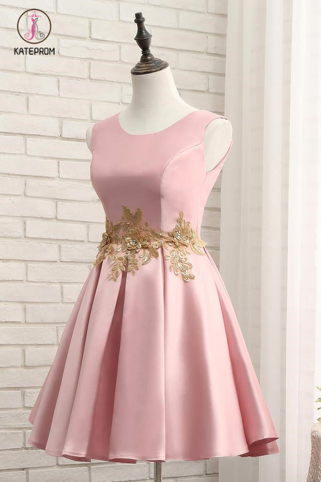 Pink A Line Sleeveless Ruched Homecoming Dress with Gold Appliques, Short Prom Dress KPH0357