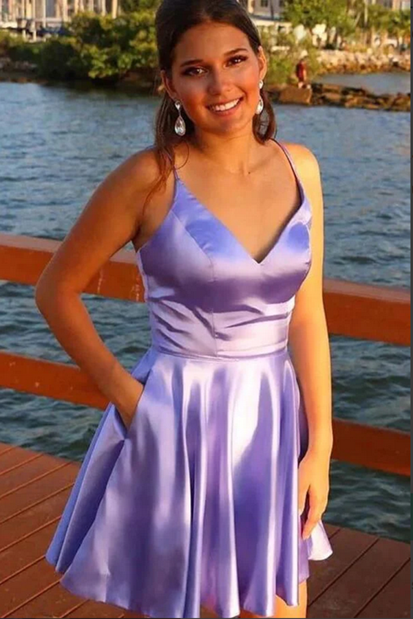 Septing - septing Lavender Satin A line Spaghetti Straps Homecoming Dresses With Pocket KPH0620