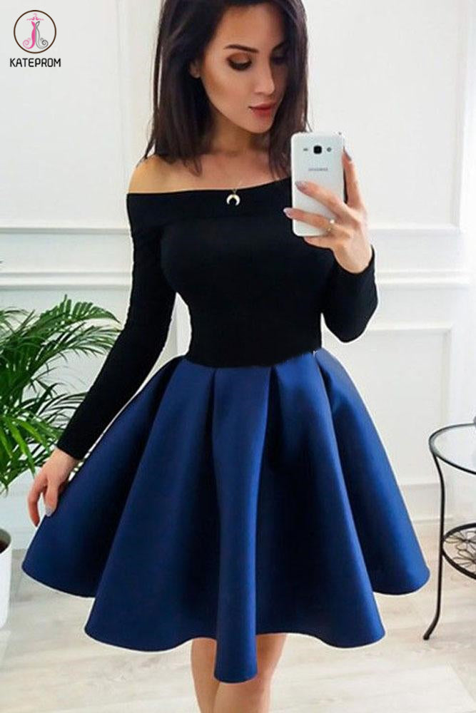 A-Line Off the Shoulder Blue and Black Short Homecoming Dresses, Short Prom Dresses KPH0495