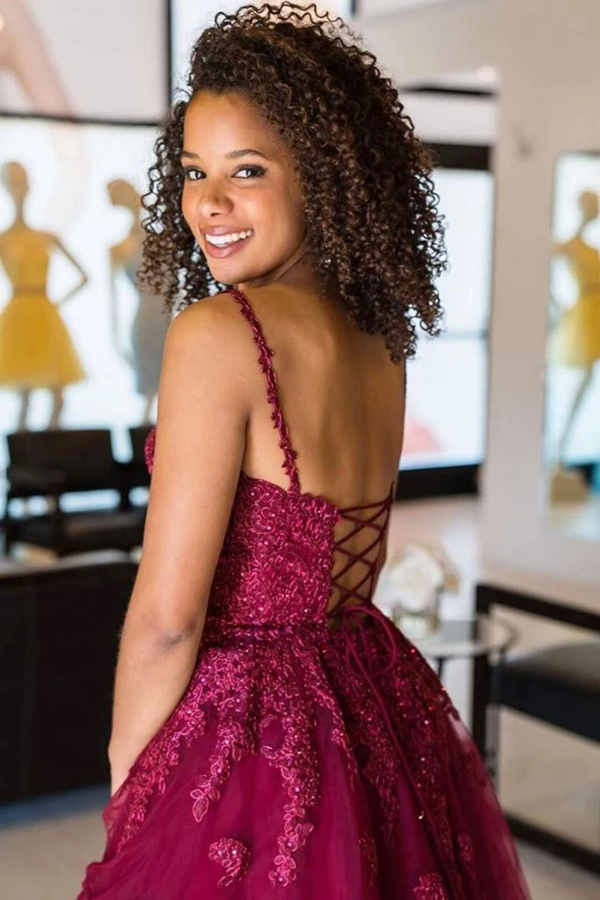 Cute V Neck Burgundy Appliques Short Prom Dress, Maroon Lace Formal Graduation Homecoming Dress KPH0562