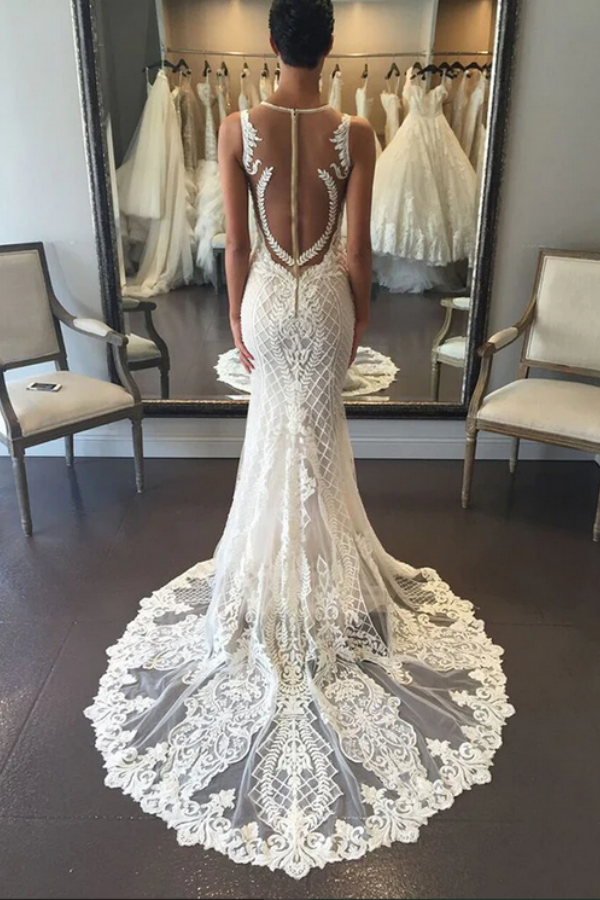 Luxurious Ivory Lace Open Back Mermaid V Neck Beach Wedding Dress KPW0732
