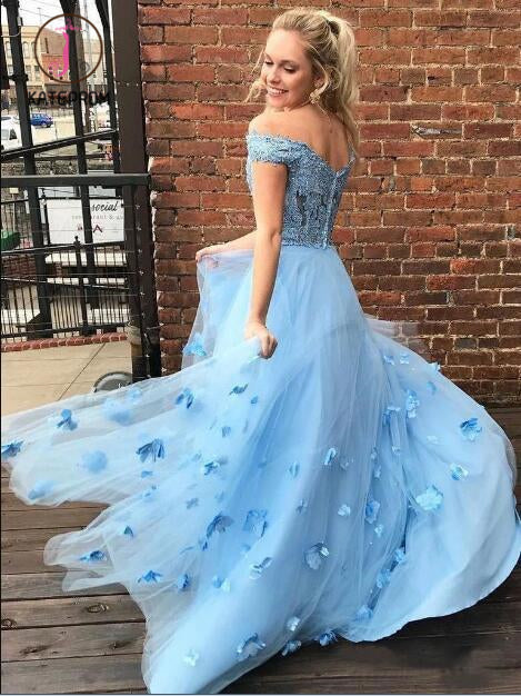Two Piece Floor Length Tulle Prom Dress with Lace, Long Off the Shoulder Dress with Flower KPP1003