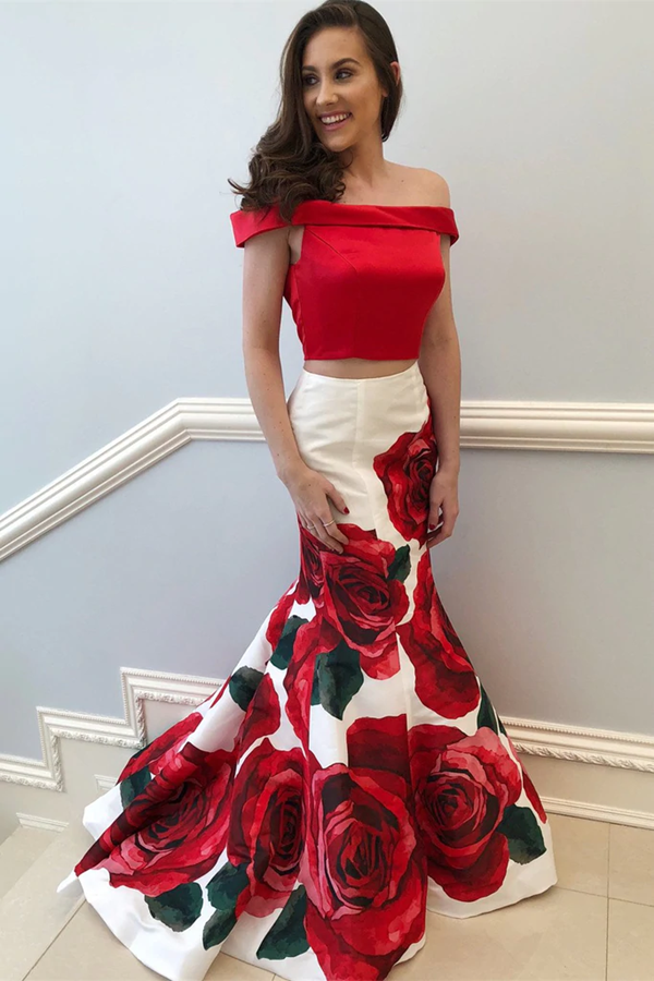 Mermaid Prom Dresses Off the shoulder Red Floral Two Pieces Prom Dress Evening Dress KPP1553