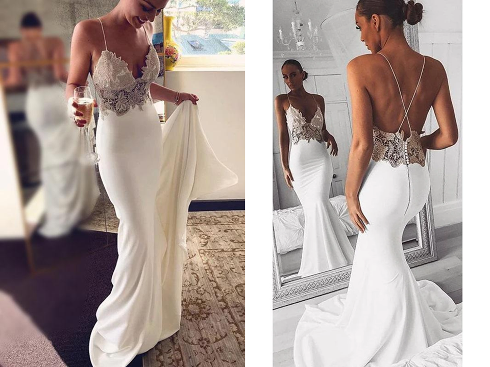 Sexy Spaghetti Straps Mermaid Beach Wedding Dresses, Long Prom Dress with Lace KPW0673