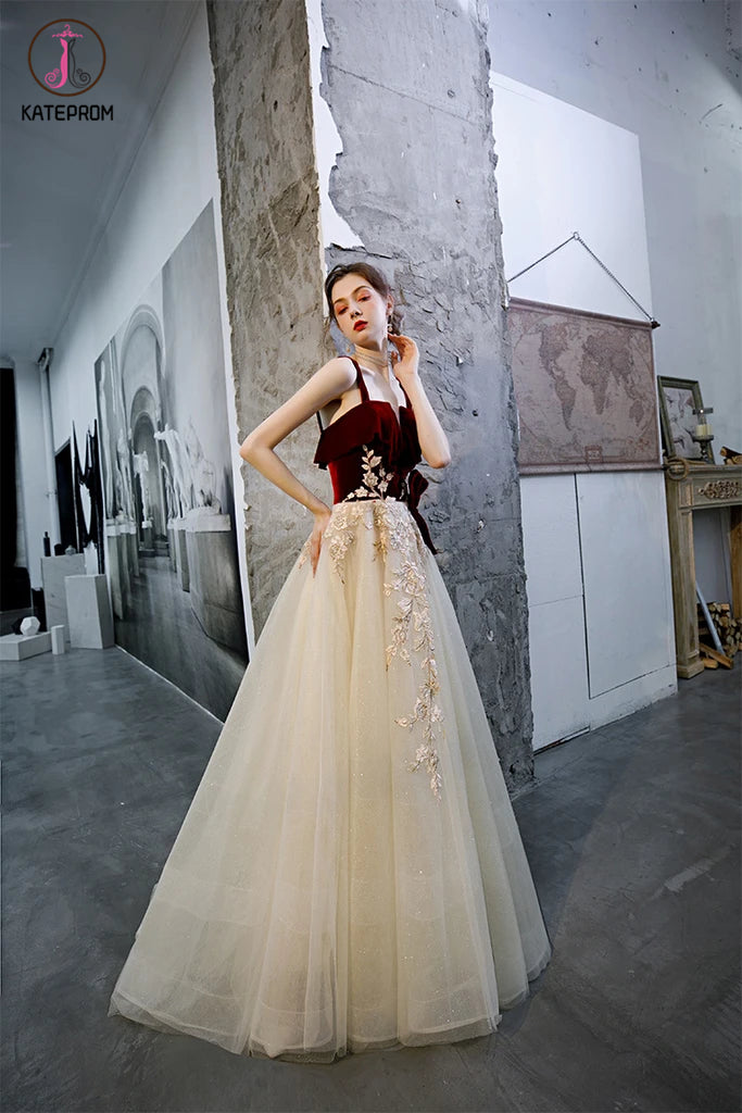 A Line Straps Sleeveless Long Party Dress with Appliques, Charming Long Prom Dresses KPP1298