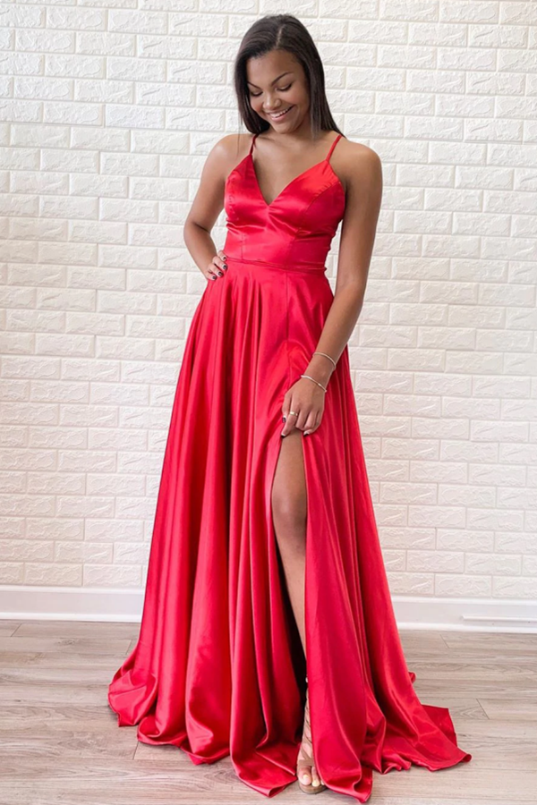 Simple Red Satin Halter V Neck A Line Sweep Train Long Prom Dress KPP1545