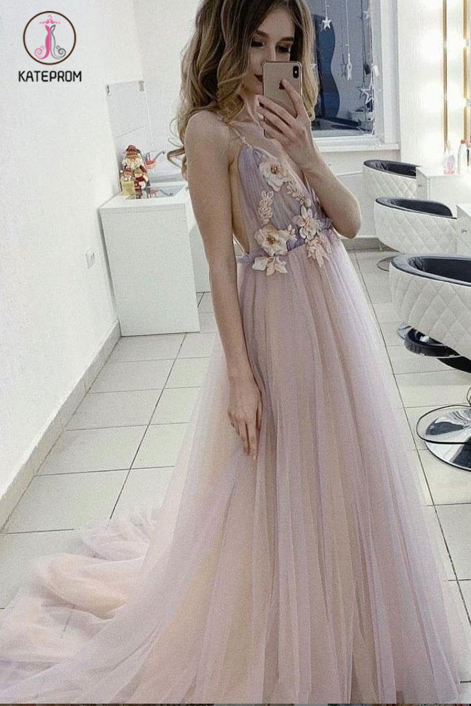 Charming Spaghetti Straps Deep V Neck Tulle Prom Dress with Flowers, A Line Party Dress KPP1103