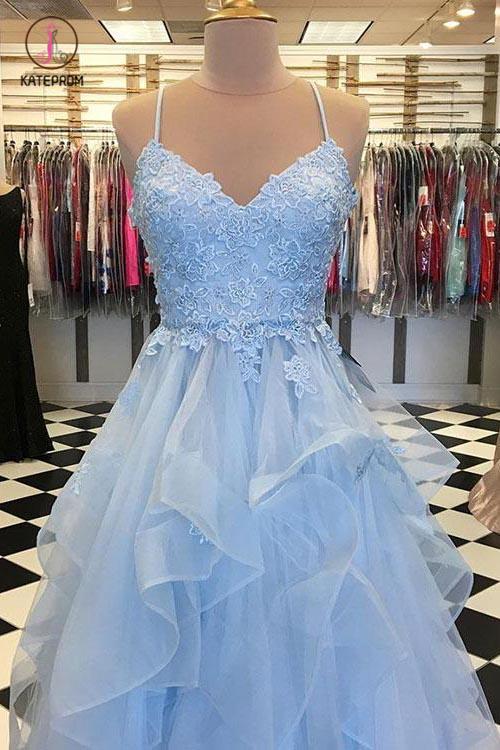 Spaghetti Straps Long Ruffles Lace Applique Evening Dress, Tulle Prom Dress For Teens KPP0734