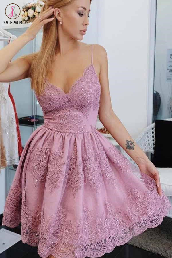 Spaghetti Strap Short Homecoming Dresses with Lace Appliqes, Cute Graduation Dress KPH0514
