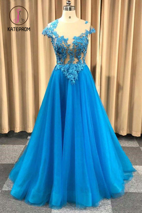 Blue Sheer Neck Appliqued Tulle Prom Gowns, A Line Cap Sleeves Long Grduation Dresses KPP0931