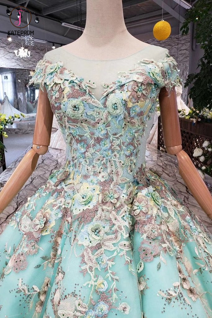 Big Sheer Neck Puffy Prom Dress with Cap Sleeves, Fairy Tale Lace Dress with Beading KPP0856