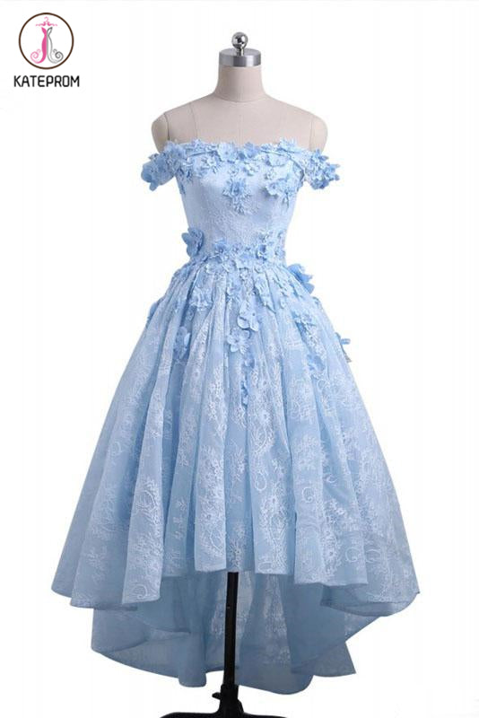 A Line Off Shoulder High Low Lace Homecoming Dresses, Appliqued Lace Party Dresses KPH0426