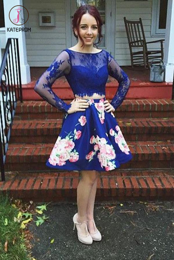 Royal Blue Two Piece Bateau Long Sleeves Floral Short Homecoming Dress with Lace KPH0347