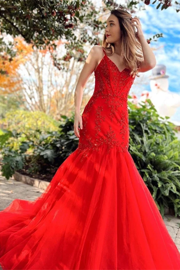 Chic Mermaid Red Spaghetti Straps V Neck Applique Prom Dress Tulle Evening Dress KPP1488