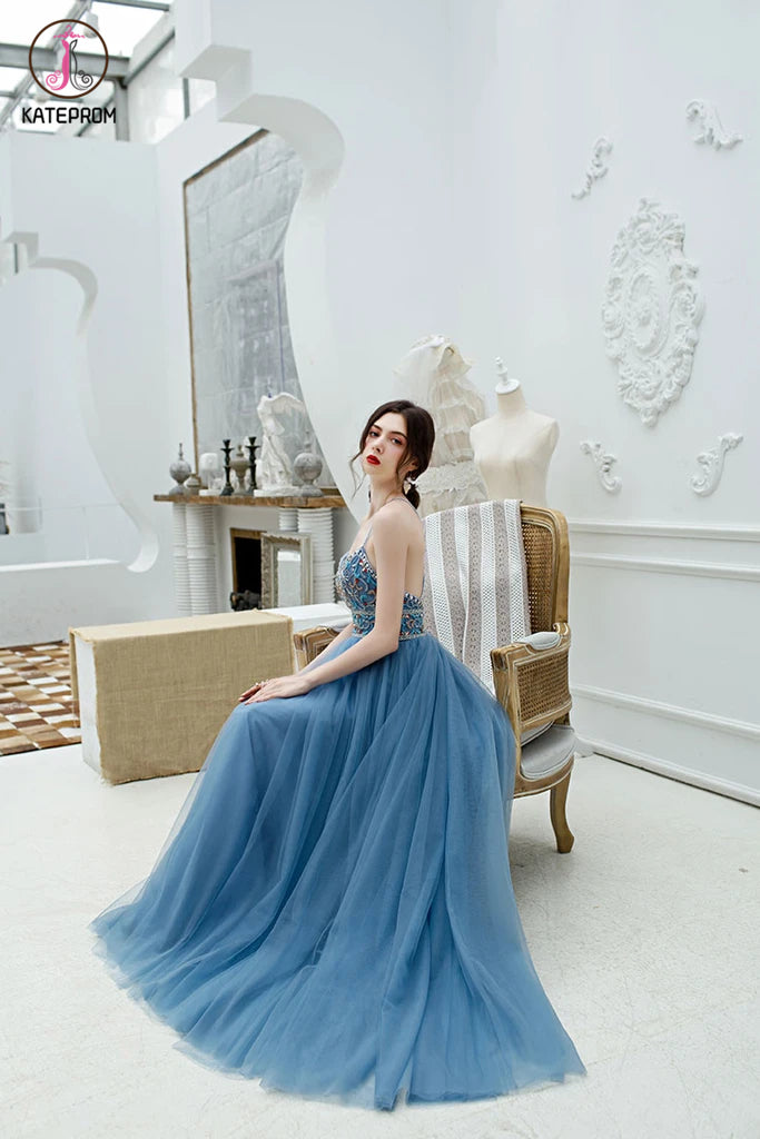 Sexy Spaghetti Straps Long Tulle Prom Gown, Unique Beading Prom Dress KPP1297