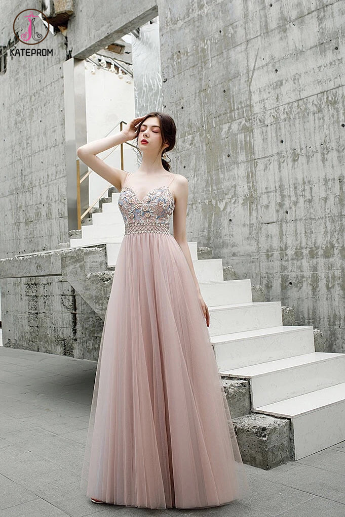 A Line Floor Length Spaghetti Straps Tulle Prom Dress with Beads KPP1289